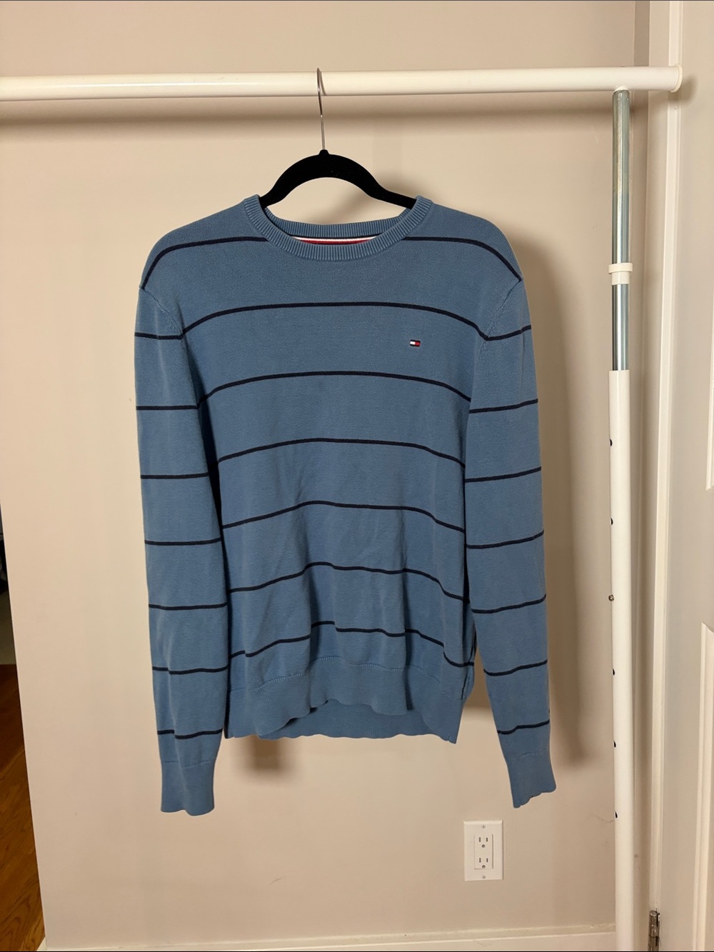 Tommy Hilfiger Light Blue Crewneck Sweater with Navy Stripes